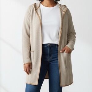Adrienne Vittadini Woman 1X Tan Beige Hooded Open Front Cardigan Sweater Pockets